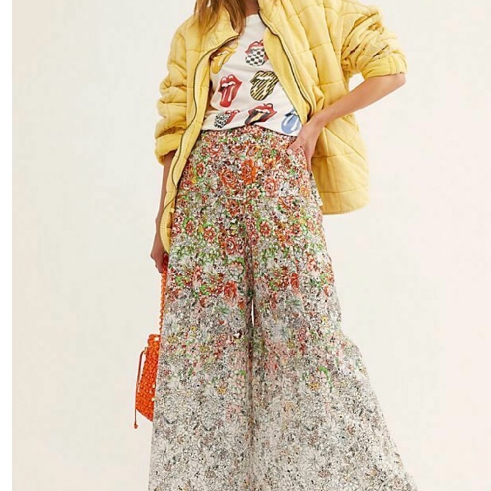 Free People Wide Leg Floral Print Pants in Yellow, Orange, Green